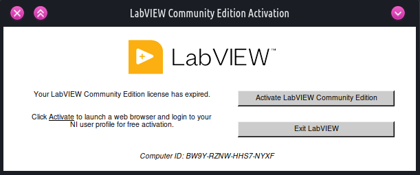 Your LabVIEW Community Edition license has expired. Click Activate to launch a web browser and login to your NI user profile for free activation.